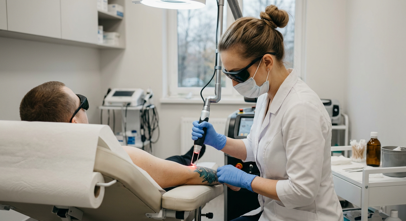 A close-up shot shows a person's arm with a tattoo being treated by a laser device, highlighting the tattoo removal process.