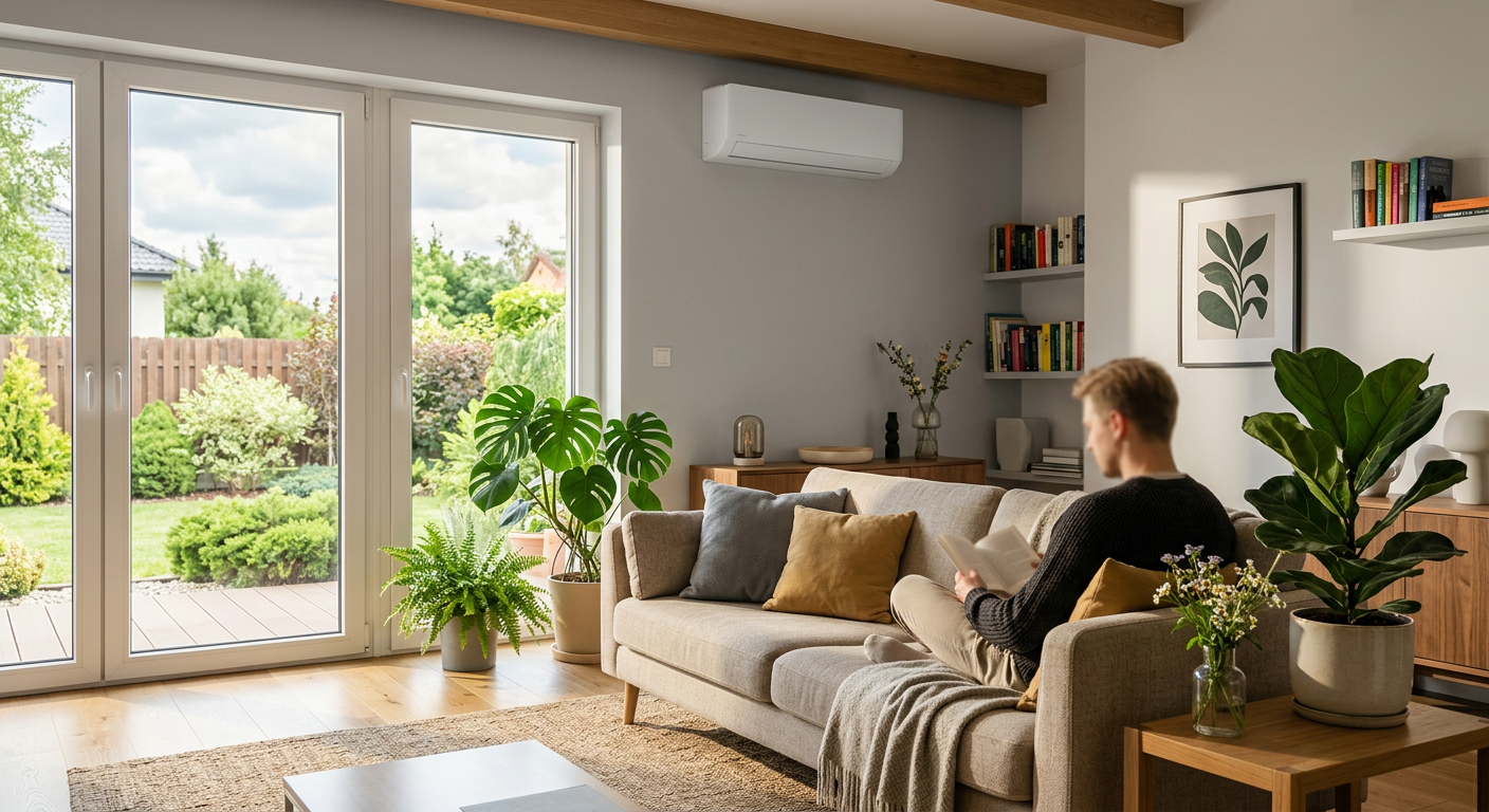 The image shows a modern, minimalist living room with a large window overlooking a green garden, featuring a sleek, wall-mounted air conditioning unit.