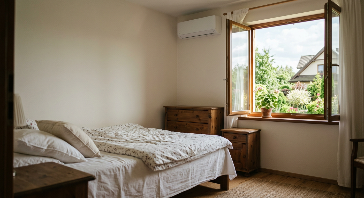 The image shows a modern, minimalist living room with a large window overlooking a green garden, featuring a sleek air conditioning unit mounted on the wall.