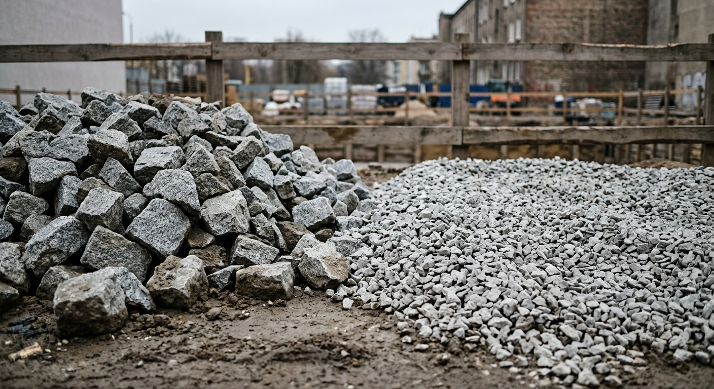 The image shows a close-up of various types of aggregate, including gravel and crushed stone, suitable for road construction.