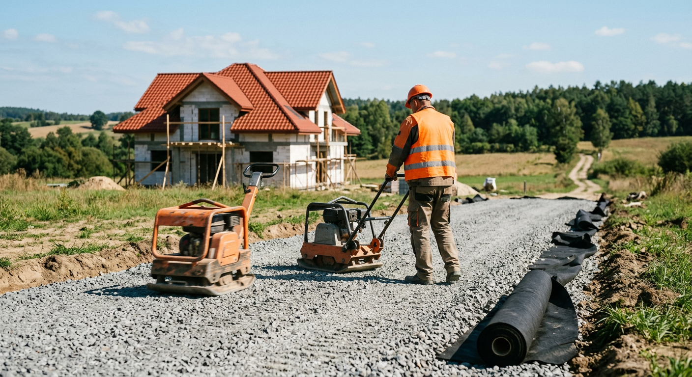 A close-up shot of various types of gravel and crushed stone, suitable for road construction, with a blurred background.