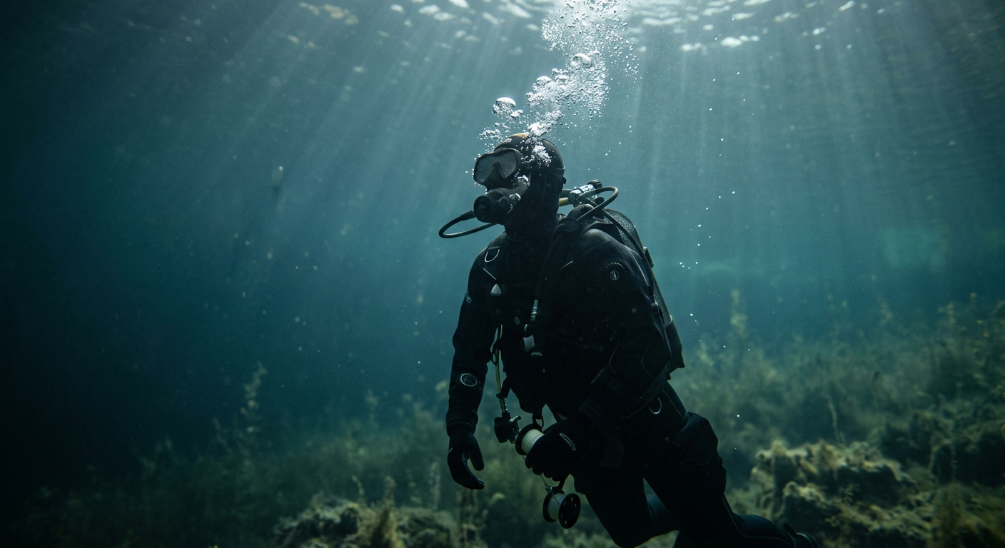 The image shows a diver underwater, surrounded by marine life, with bubbles ascending towards the surface.