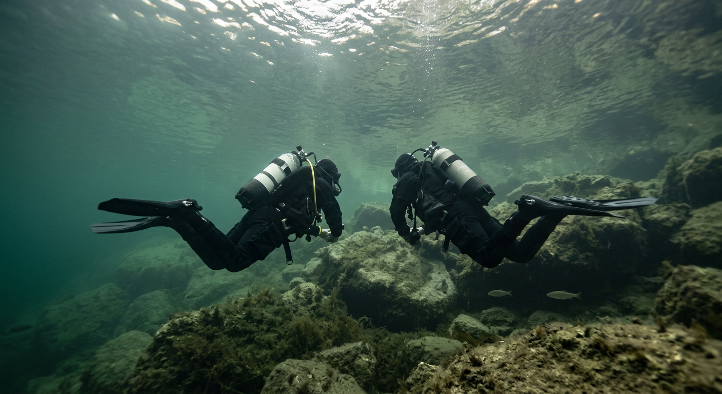 A diver in a wetsuit is shown underwater, surrounded by bubbles, with a blurred background of the ocean.