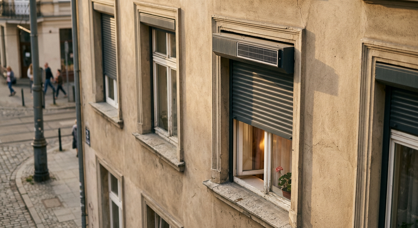 Zewnętrzny widok na okno mieszkania w bloku z roletą zewnętrzną z napędem solarnym. Na obudowie rolety widoczny jest mały panel słoneczny, a roleta jest częściowo opuszczona.
