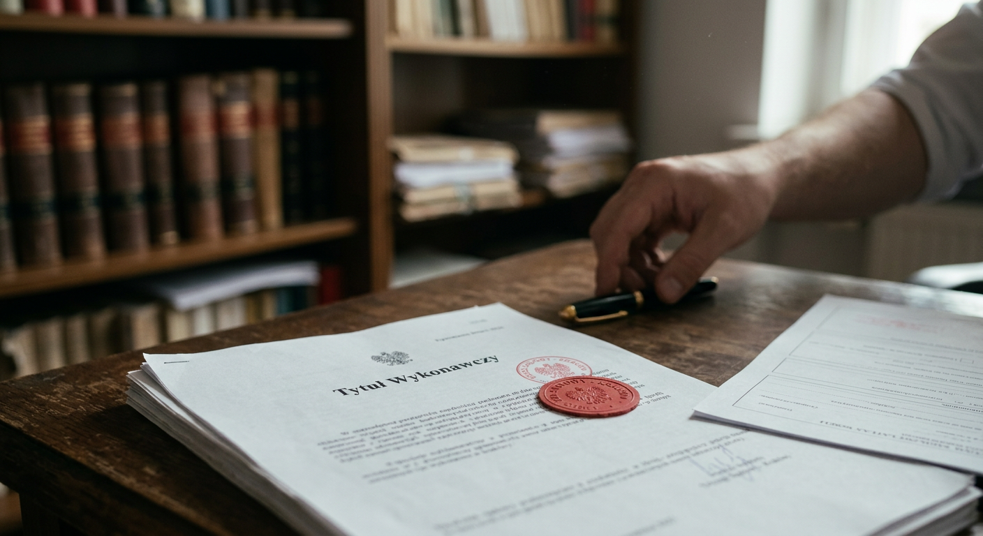 A stylized illustration depicts a person in a suit standing next to a large document with a gavel and scales of justice, suggesting legal proceedings.