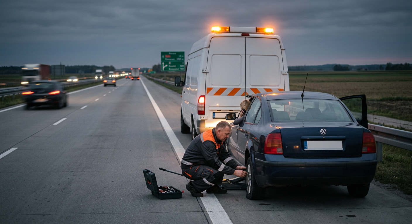 A mechanic is shown changing a tire on a car by the side of a road, with a mobile service van parked nearby.
