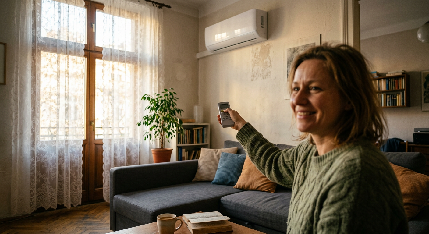 A modern, sleek air conditioning unit is mounted on a light-colored wall in a bright, minimalist room.