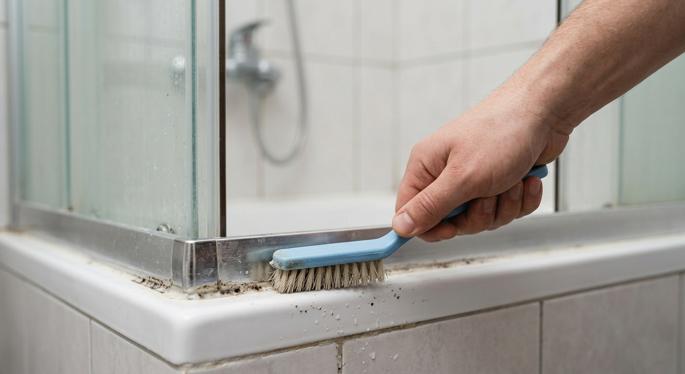 A person is cleaning a shower cabin with a spray bottle and a sponge, focusing on a corner where stains might accumulate.