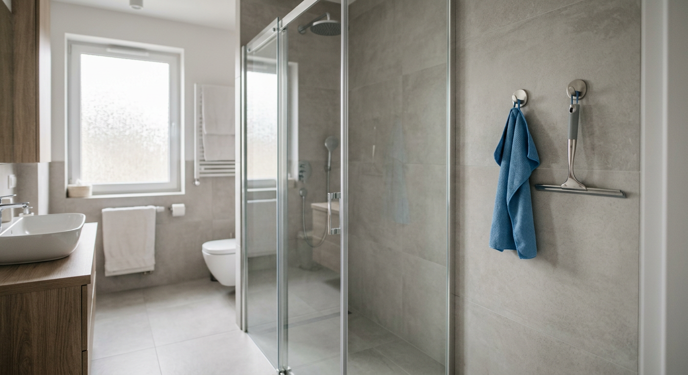 A person is cleaning a shower cabin with a spray bottle and a sponge, focusing on a corner with visible water stains.