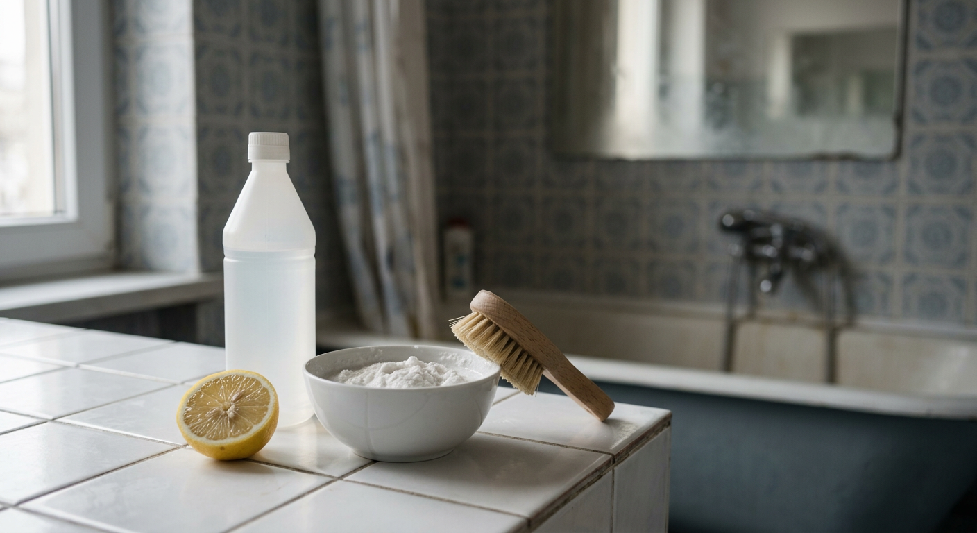 A person is cleaning a shower cabin with a spray bottle and a sponge, focusing on a corner with visible water stains.