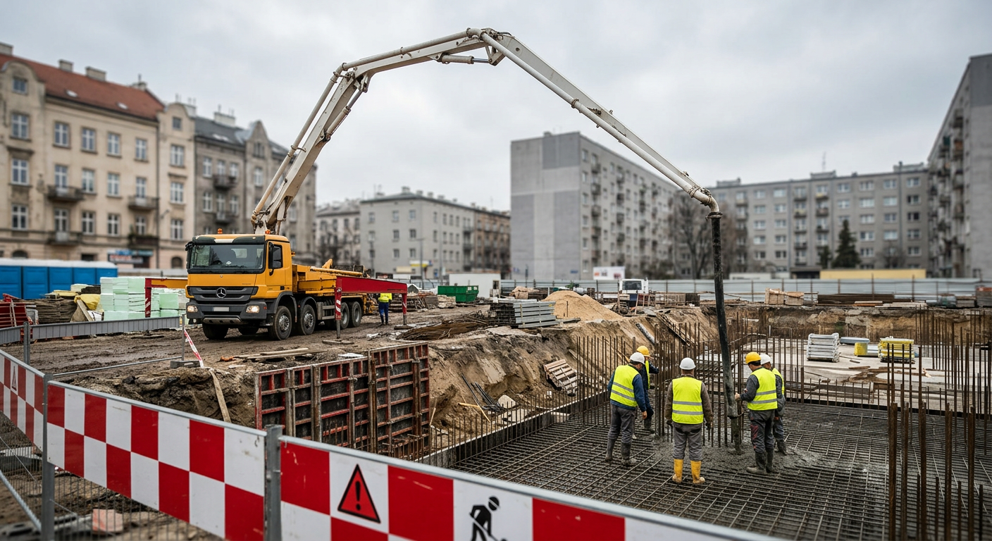 A construction worker in a hard hat and safety vest is operating machinery on a construction site with concrete being poured.