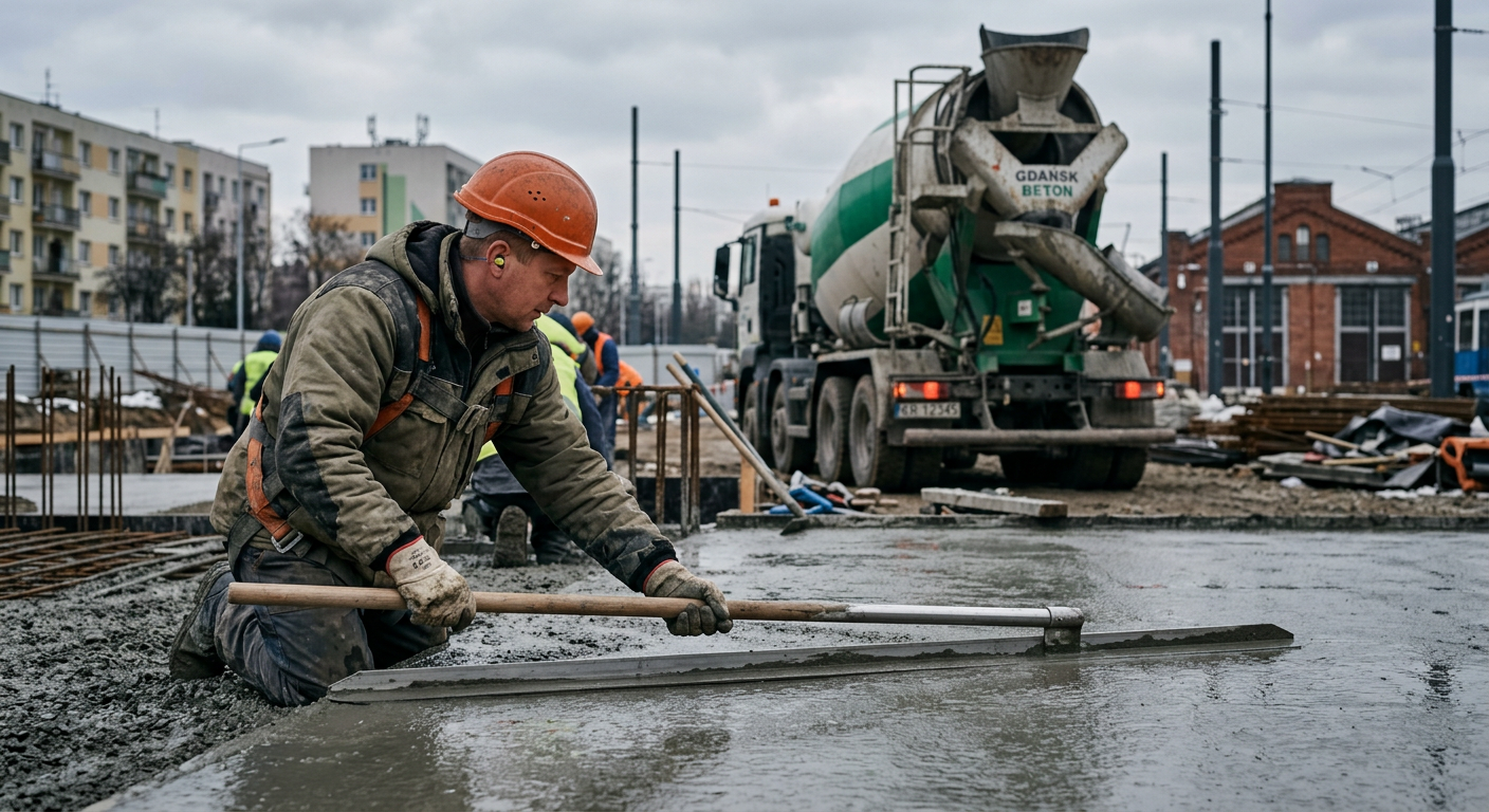 A construction worker in a hard hat and safety vest is operating a concrete pump on a construction site, with a concrete truck in the background.