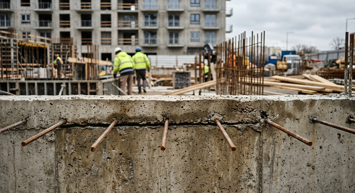 A construction worker in a hard hat and safety vest is operating machinery on a construction site with concrete being poured.