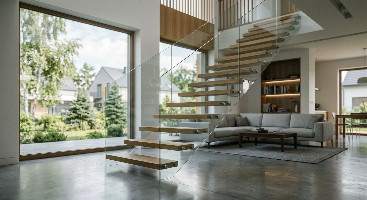 The image displays a modern interior with a glass balustrade, showcasing its design and integration into the space.