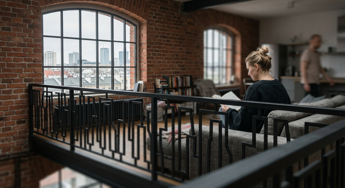 The image displays a modern interior with a sleek glass balustrade, offering a clear view of the space beyond.