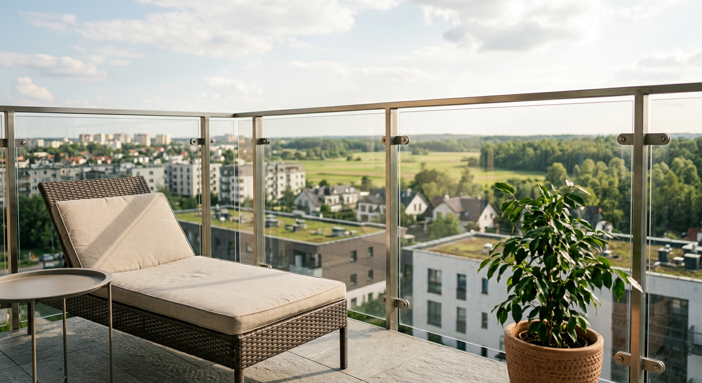The image displays a modern interior with a glass balustrade, featuring a wooden handrail and a staircase, suggesting a contemporary architectural design.