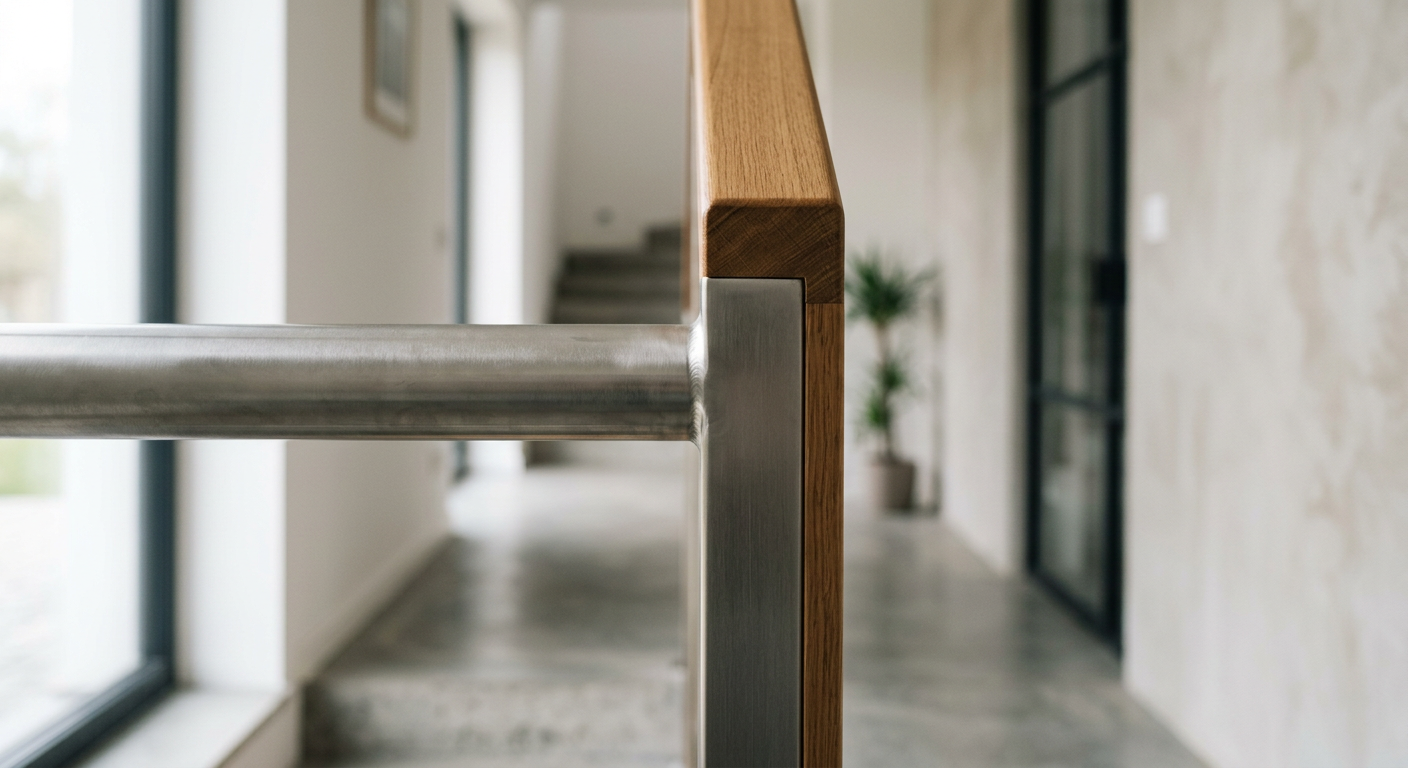 The image displays a modern interior with a glass balustrade, showcasing its design and integration into the space.