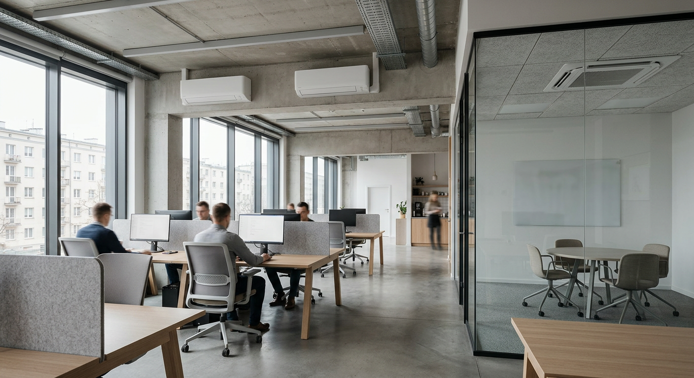 A modern office interior features a white ceiling-mounted air conditioning unit, a large window, and a desk with a computer.