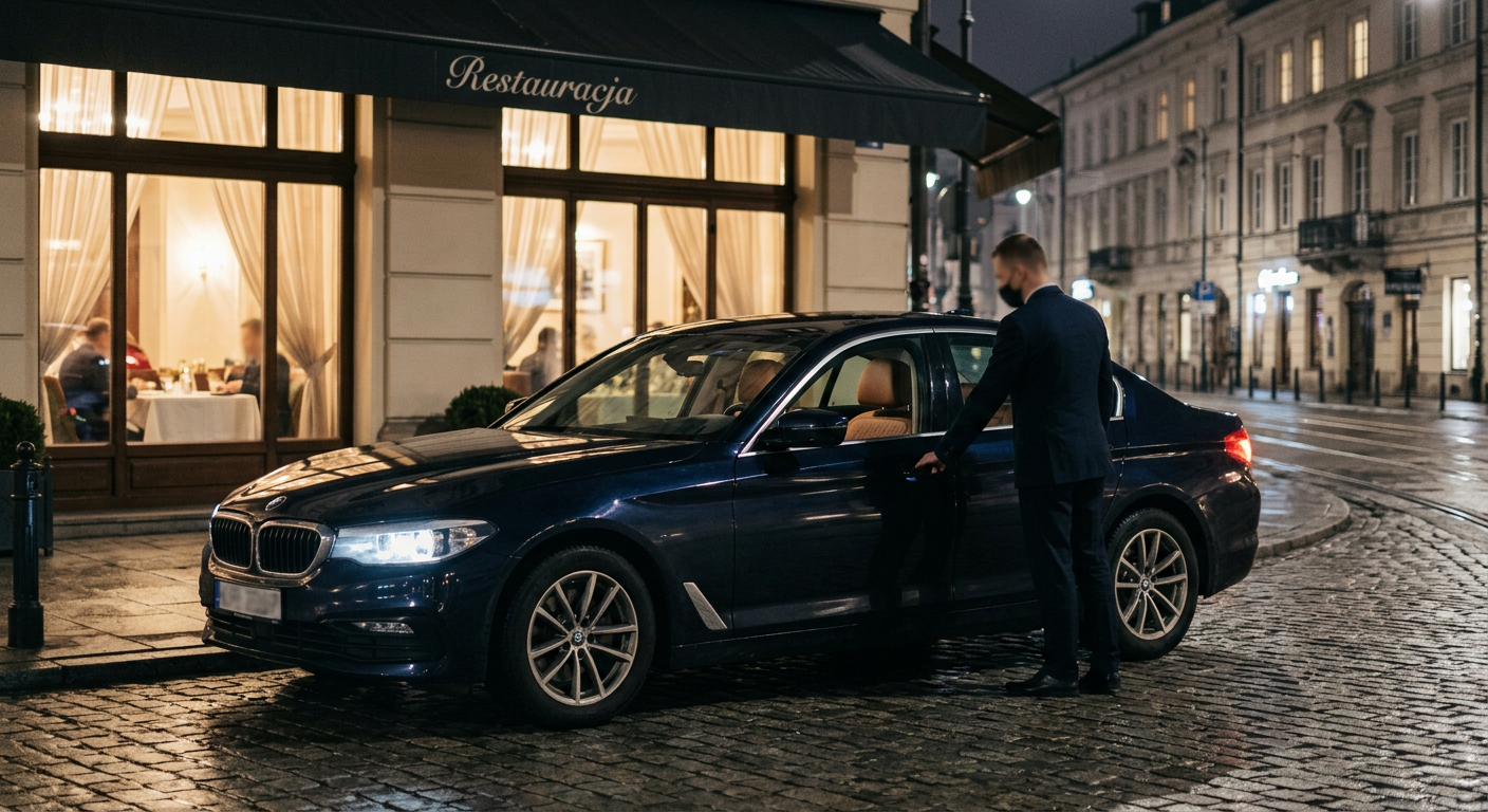 A luxurious, dark-colored sports car is parked in front of a modern building at dusk, with city lights in the background.
