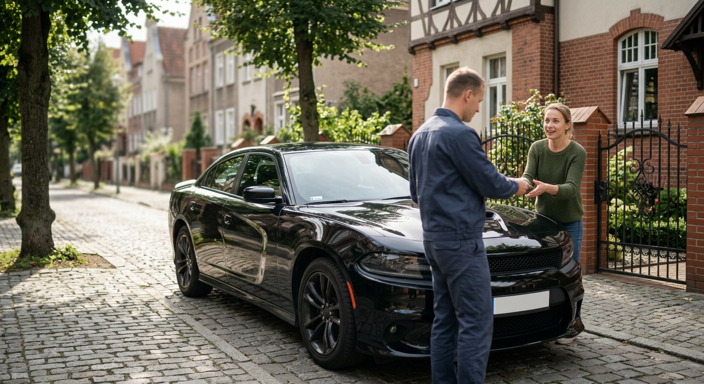 A luxurious, dark-colored sports car is parked in front of a modern building with large windows, suggesting an elegant setting for a date.