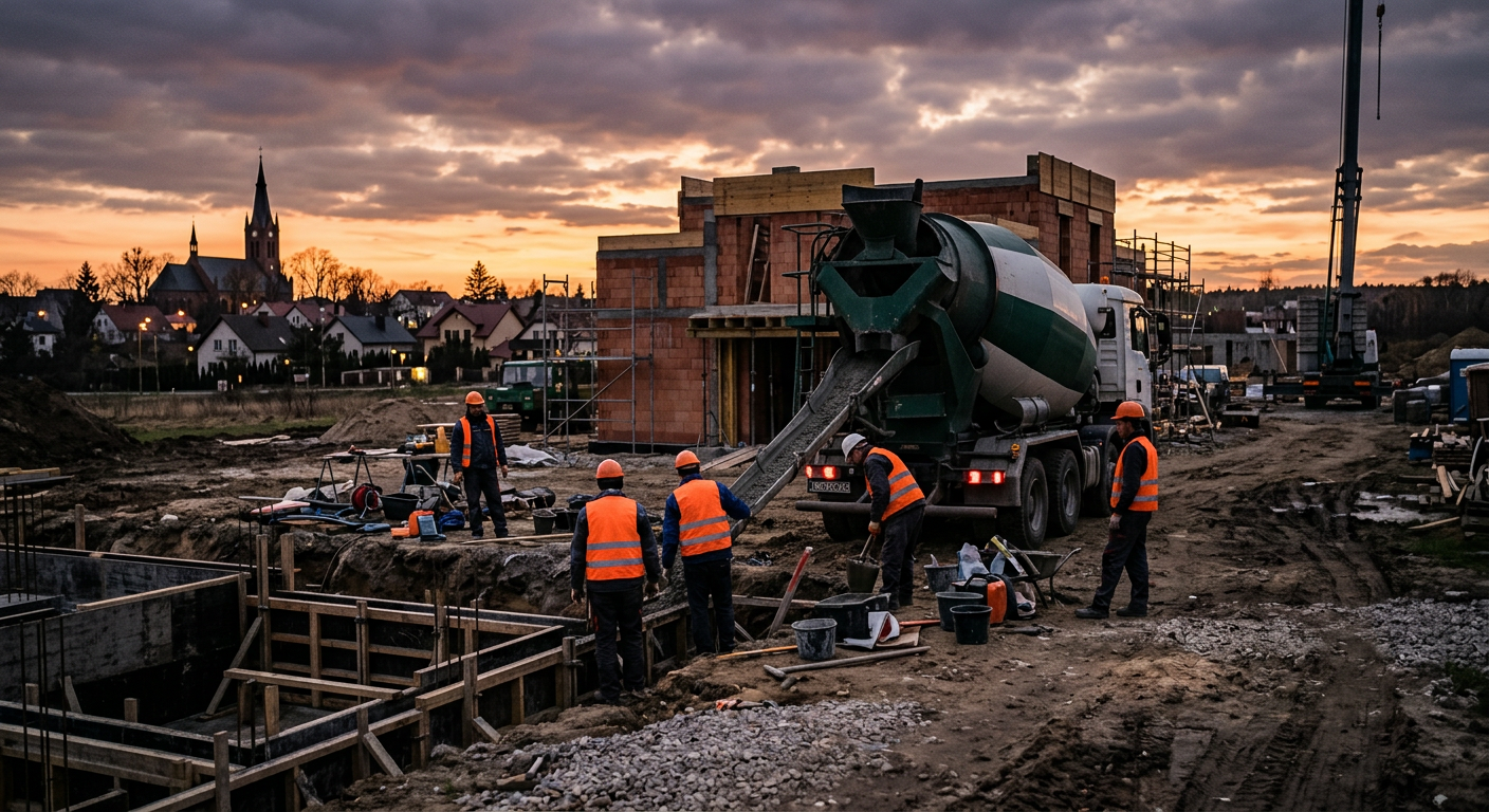 A close-up shot of a concrete mixer truck pouring concrete into a construction site.