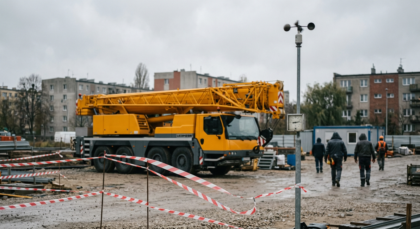A construction site with a large crane operating under a cloudy, somewhat ominous sky, suggesting challenging weather conditions.