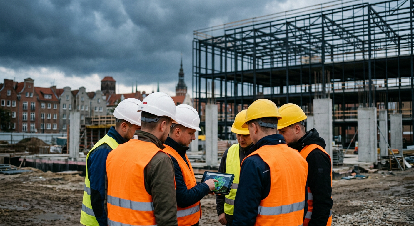 A large construction crane is shown working on a building site under a clear sky with a few clouds, suggesting good weather conditions.