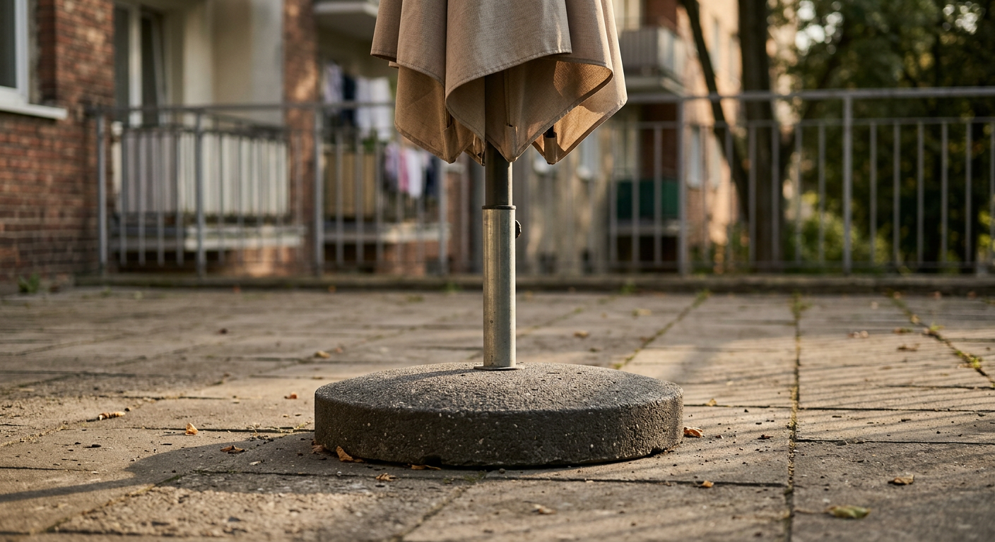 Ciężka, ciemnoszara betonowa podstawa stoi stabilnie na brukowanym patio, podtrzymując duży parasol ogrodowy z beżowym poszyciem. Podstawa jest okrągła i szeroka, wtapiając się w otoczenie, a światło słoneczne rzuca delikatne cienie na ziemię.