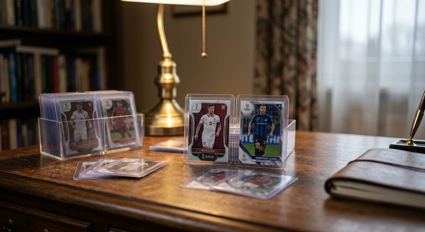 A close-up shot of various football (soccer) trading cards, some stacked and some fanned out, with a blurred background.