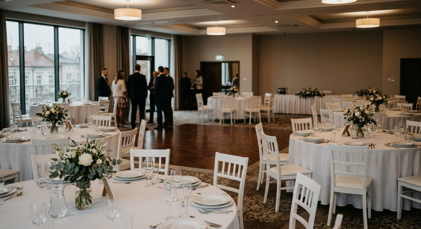 A brightly lit, elegant event hall with round tables set for a celebration, featuring chandeliers and large windows.