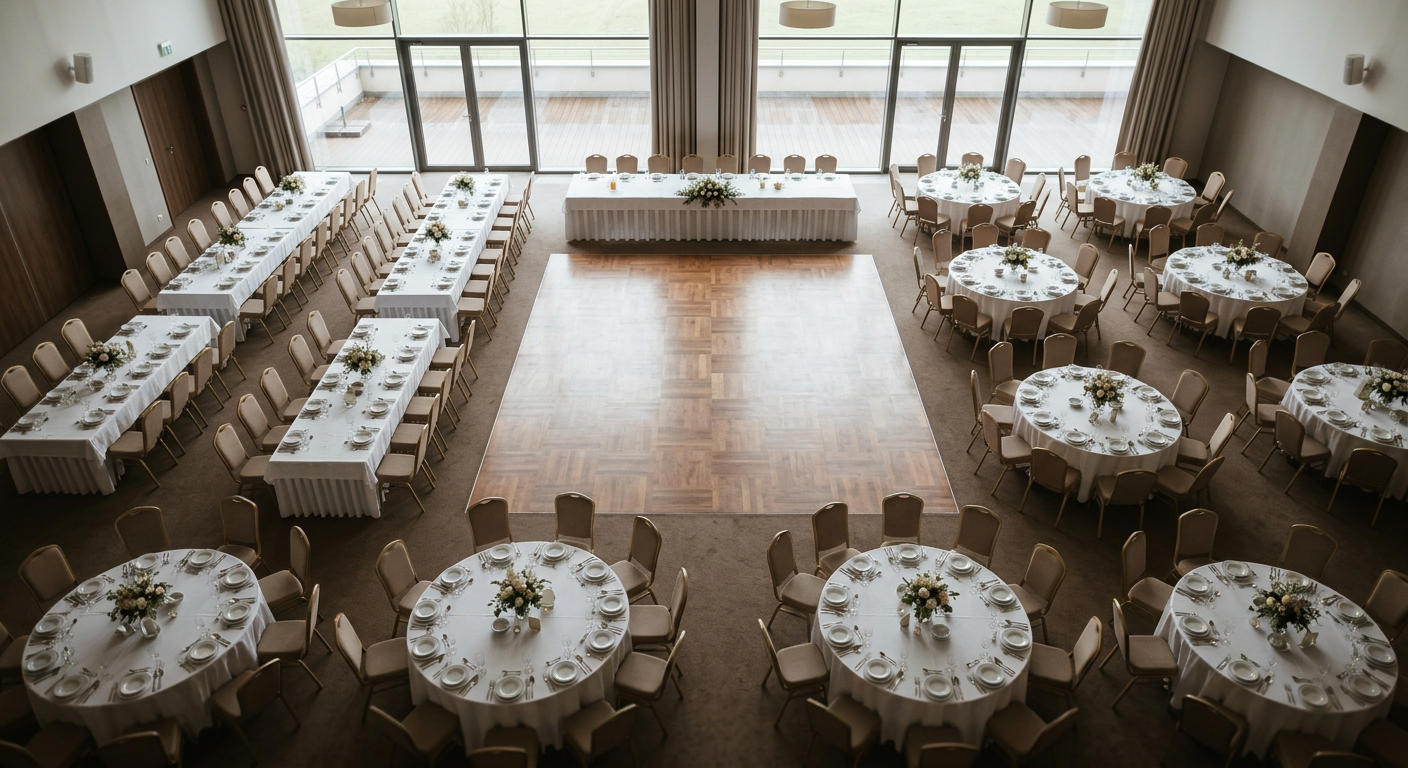 A beautifully decorated event hall with elegant lighting and floral arrangements, set up for a celebration.