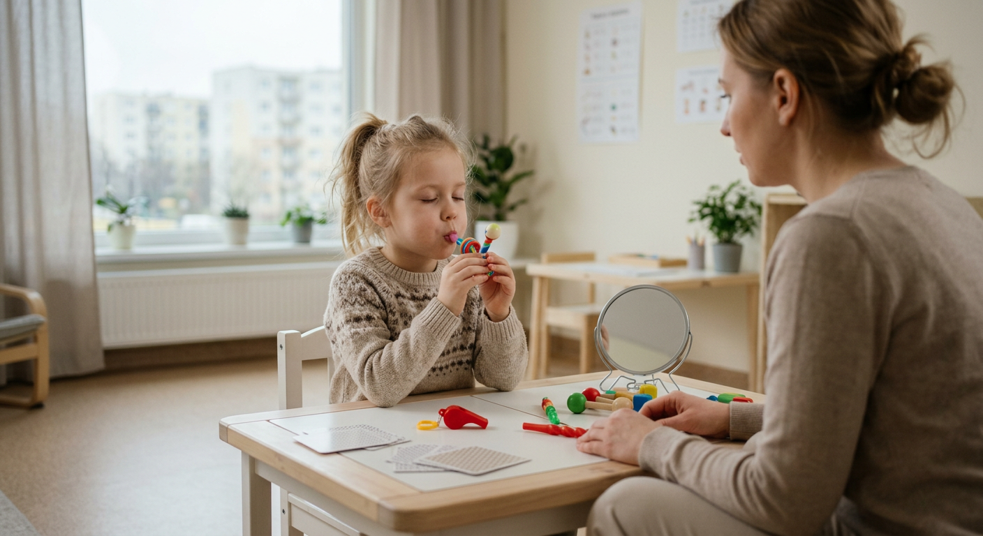 A young girl is shown sitting at a table with a speech therapist, engaged in an activity involving colorful blocks, suggesting a therapy session.