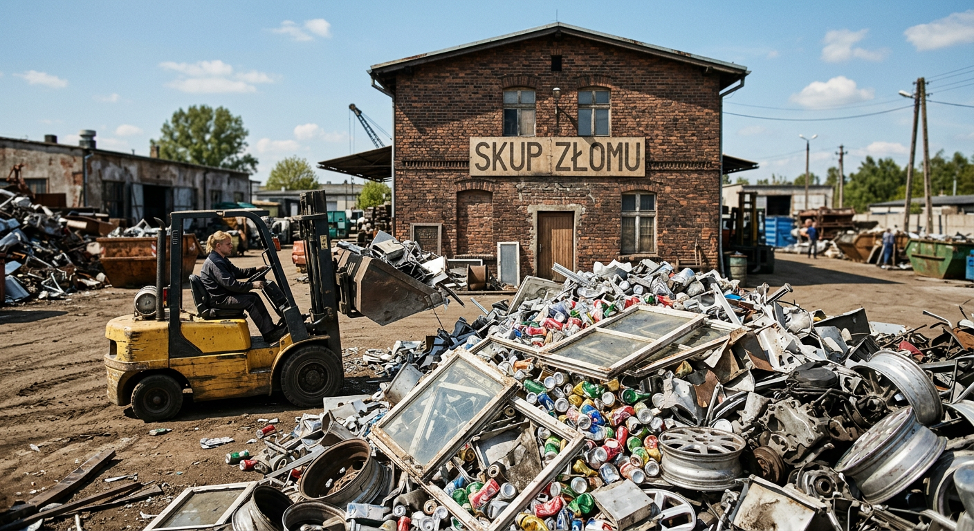 The image shows a stylized representation of aluminum cans being processed in a recycling facility, with a focus on the transformation of waste into new materials.