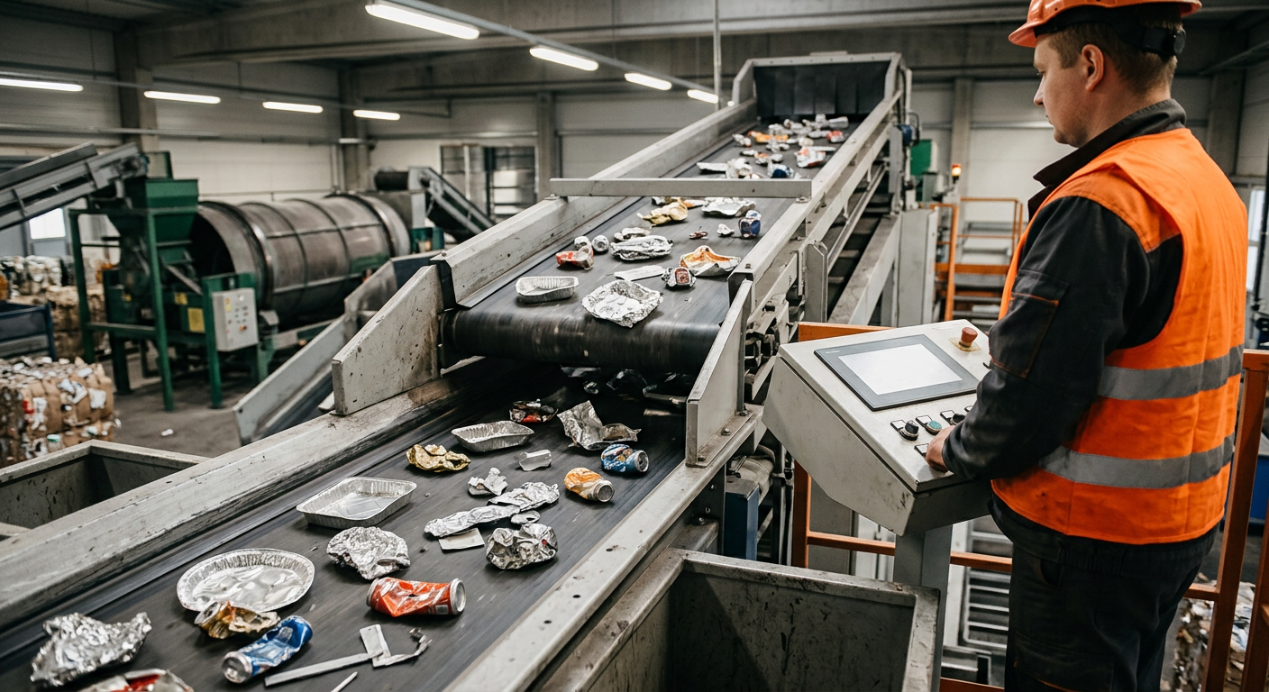 The image shows a stylized depiction of aluminum cans being processed in a recycling facility, with a focus on the crushing and sorting stages.