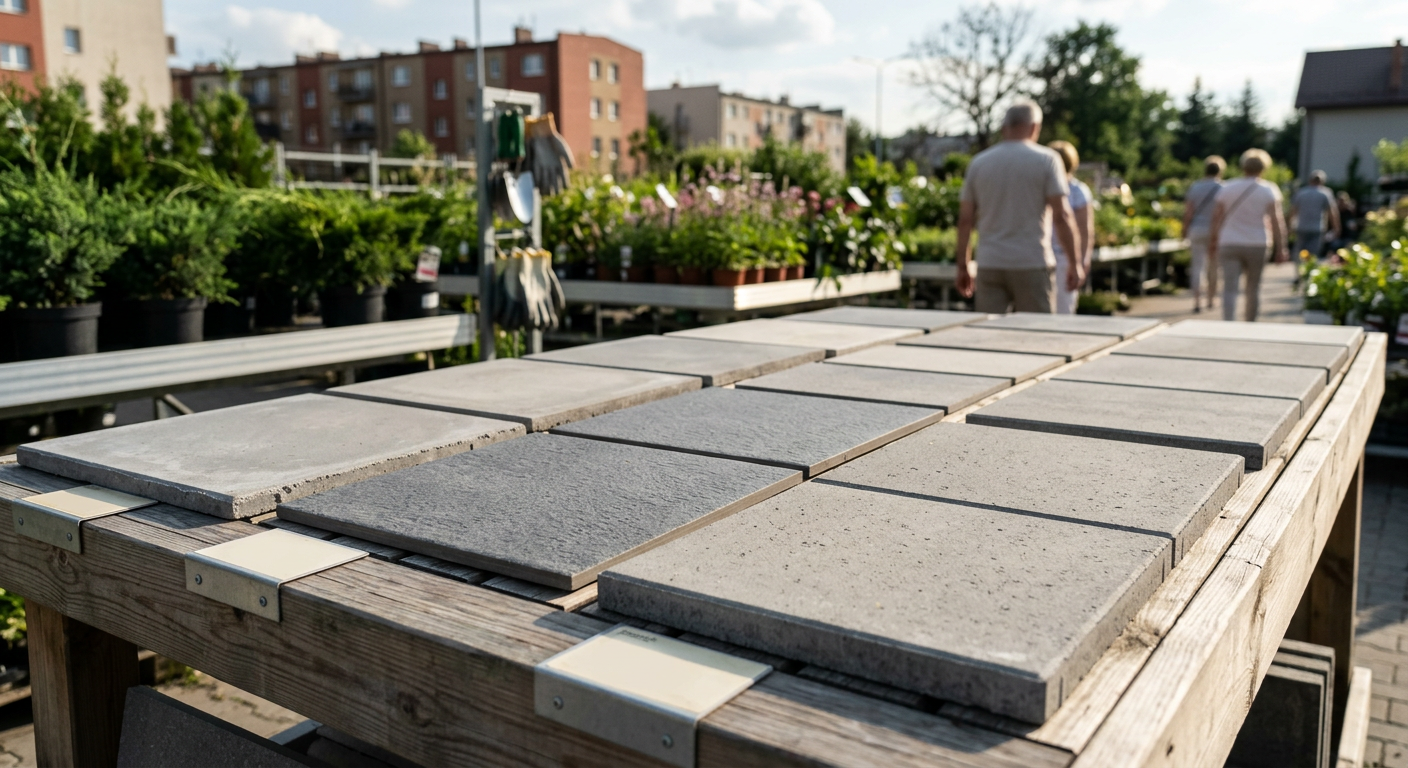 The image shows a person laying patio slabs on a prepared base, with tools and materials visible around them.