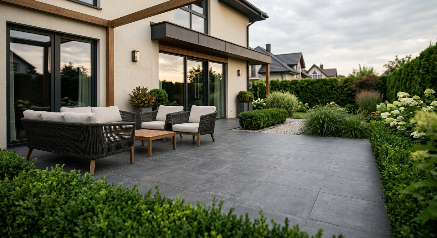 The image shows a close-up of a person laying a patio slab onto a prepared base of gravel and sand, with a spirit level for accuracy.
