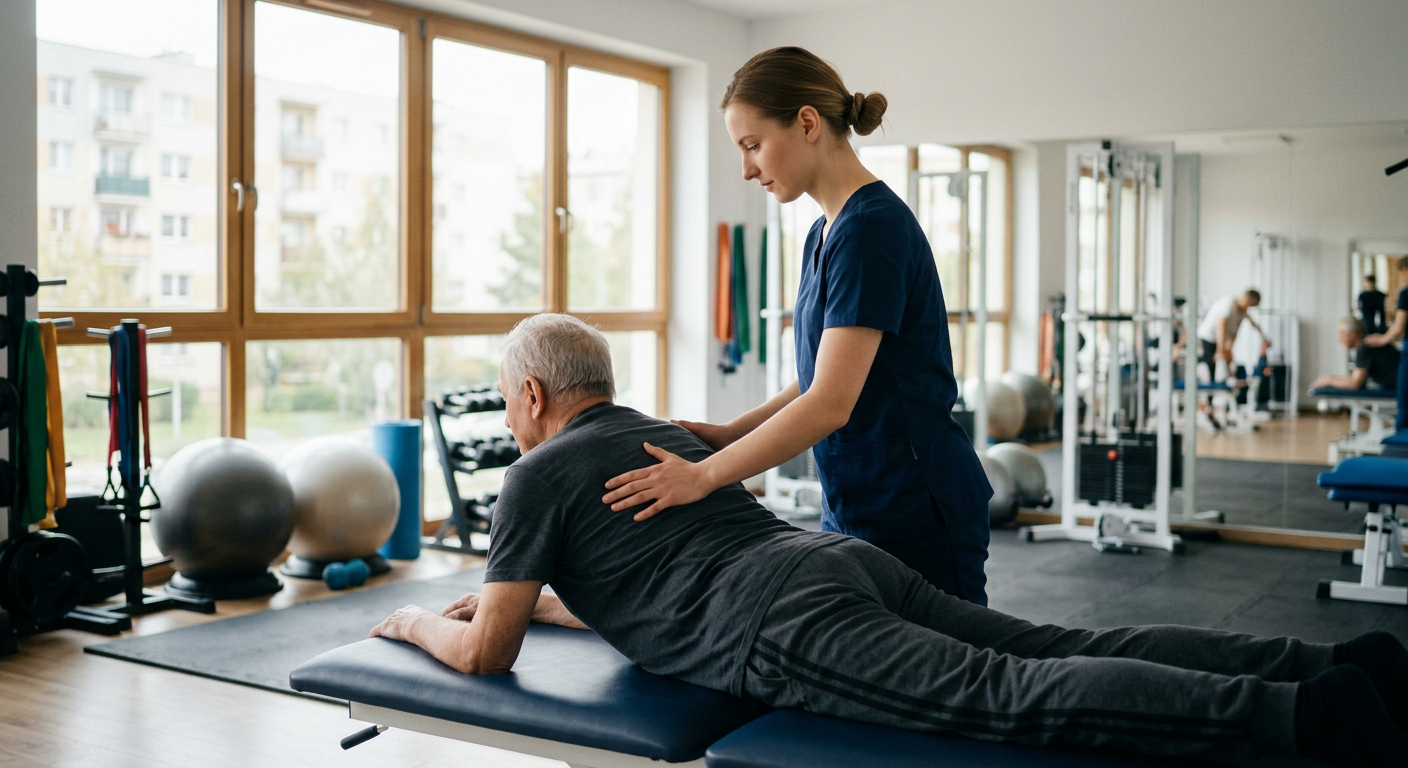 The image shows a person stretching their back, possibly performing an exercise, in a bright, clean room.