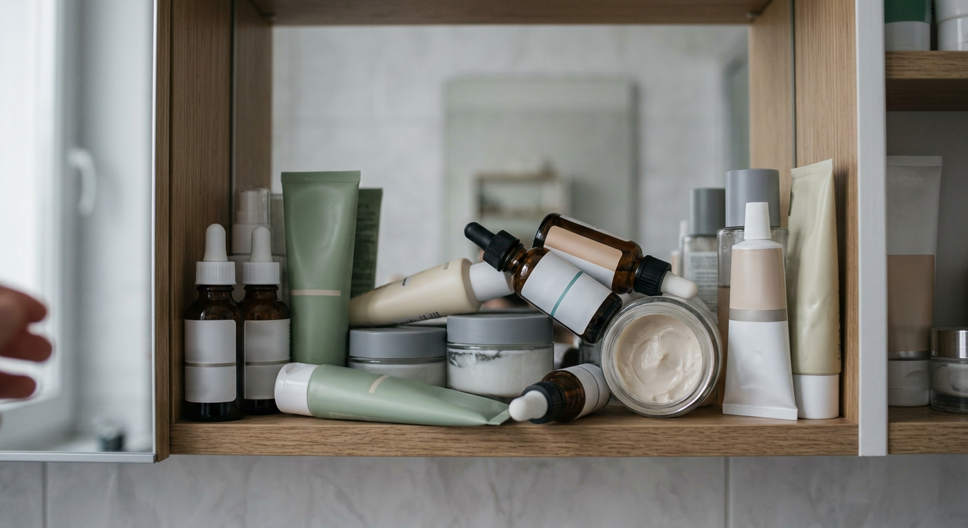 A woman with a serene expression is applying a face mask, surrounded by skincare products and a plant in a well-lit bathroom setting.