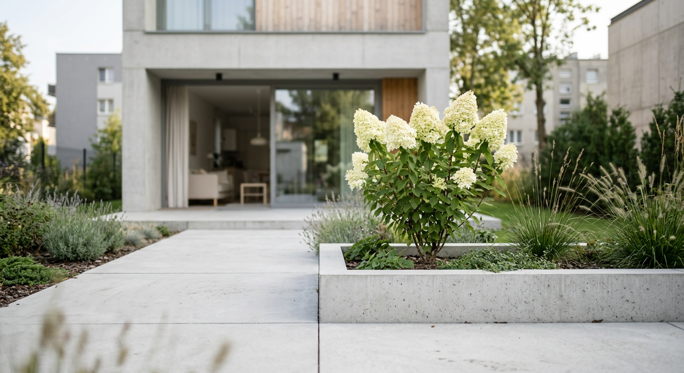 The image displays a luxurious small garden with a modern design, featuring a wooden deck, lush greenery, and elegant outdoor furniture, suggesting a sophisticated outdoor living space.