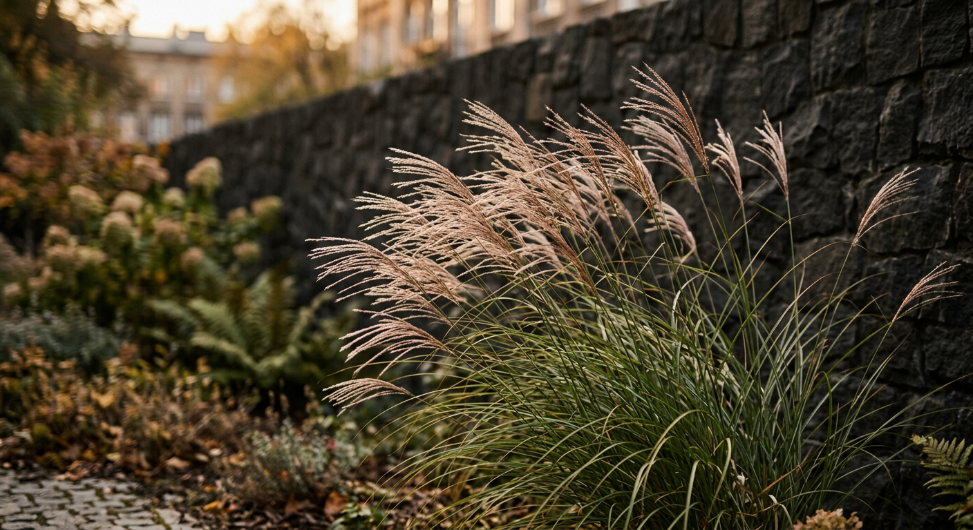 The image displays a luxurious small garden featuring a modern patio with comfortable seating, lush greenery, and elegant lighting, suggesting a sophisticated outdoor living space.