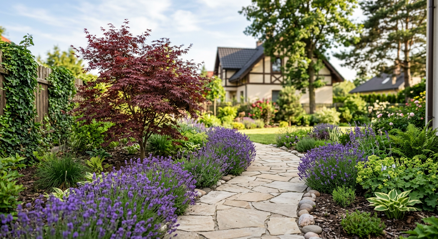 The image displays a luxurious small garden with a modern design, featuring a wooden deck, lush greenery, and comfortable seating, suggesting a high-end aesthetic suitable for a compact space.