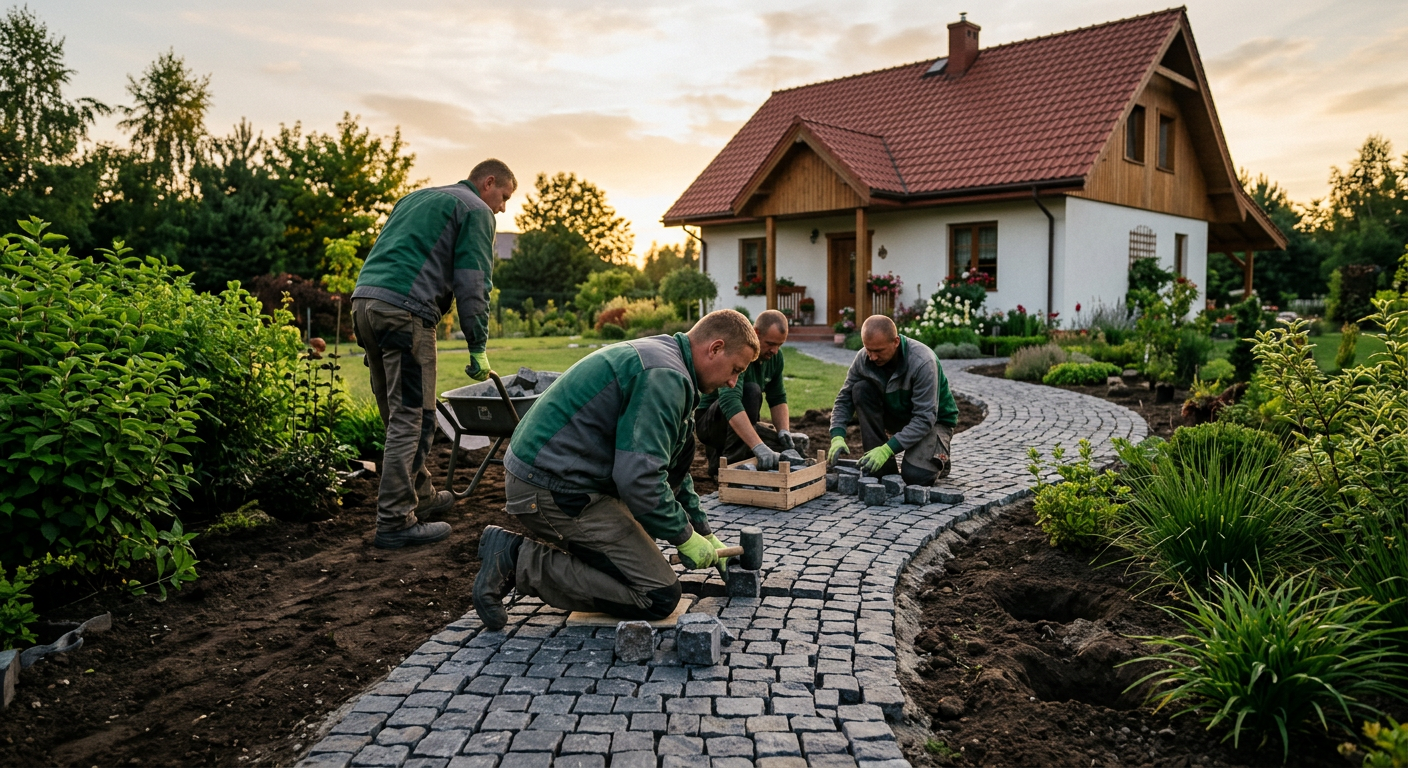 The image displays a well-maintained garden with various plants, flowers, and a neatly trimmed lawn, suggesting professional garden design and landscaping.