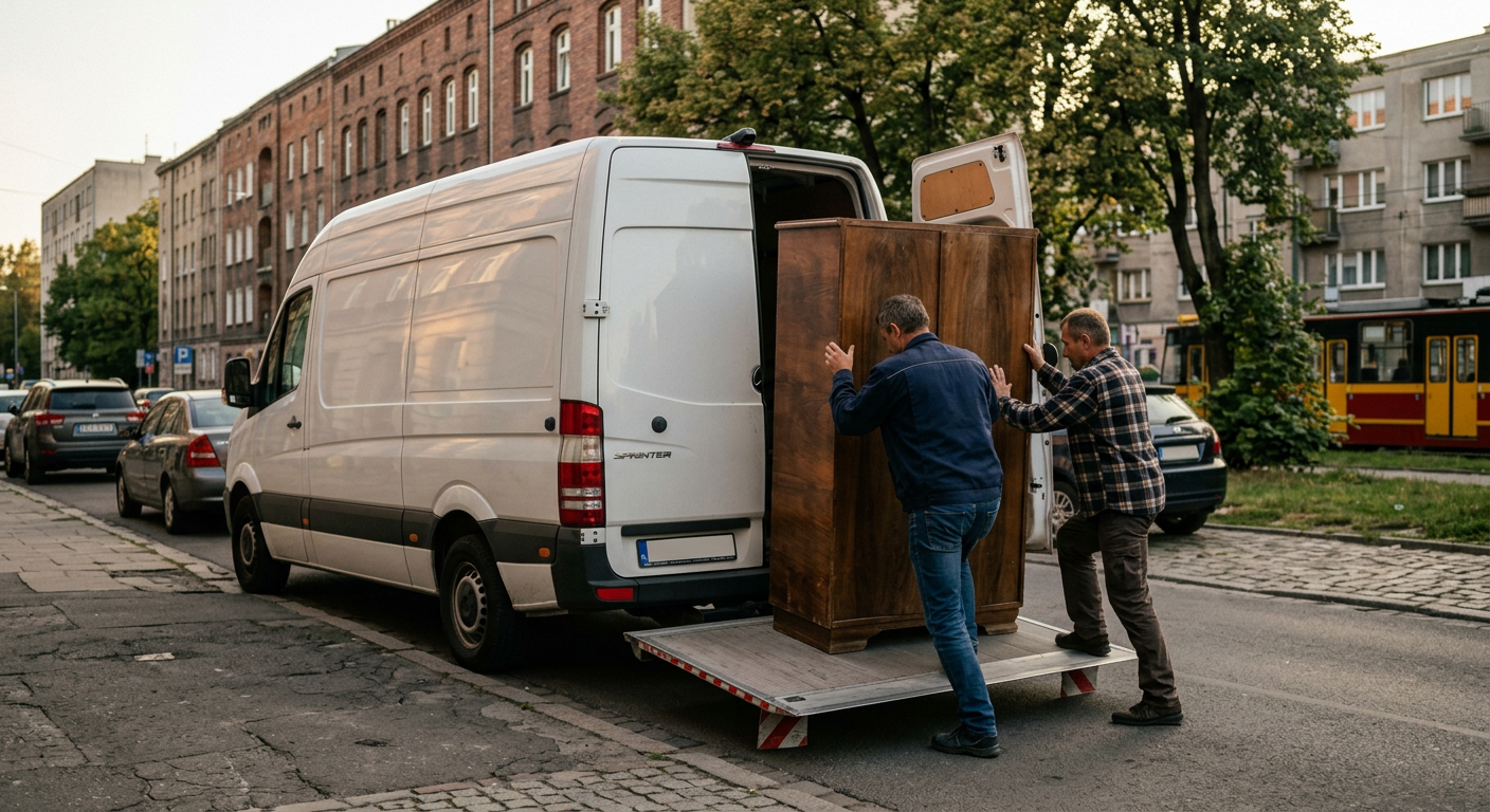 Biały Mercedes Sprinter z opuszczoną windą załadunkową stoi na ulicy. Dwie osoby ostrożnie wpychają dużą, ciemną szafę na windę, przygotowując się do załadunku do furgonetki. Ulica jest otoczona ceglanymi domami i zielonymi drzewami pod czystym niebem.