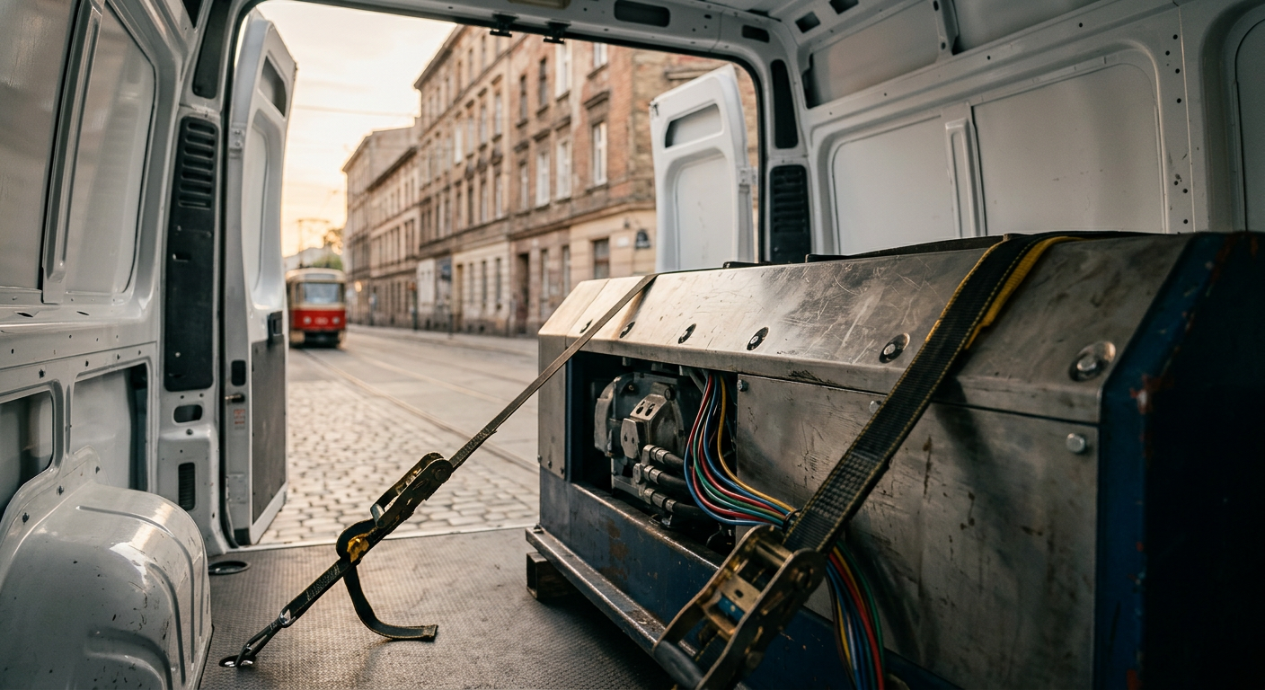 W przestronnej przestrzeni ładunkowej białego samochodu dostawczego, ciężka maszyna przemysłowa z metalową obudową i widocznymi przewodami jest bezpiecznie przymocowana. Wnętrze furgonetki jest czyste i dobrze oświetlone, z antypoślizgową podłogą. Tylne drzwi furgonetki są lekko uchylone, ukazując fragment miejskiego otoczenia na zewnątrz.