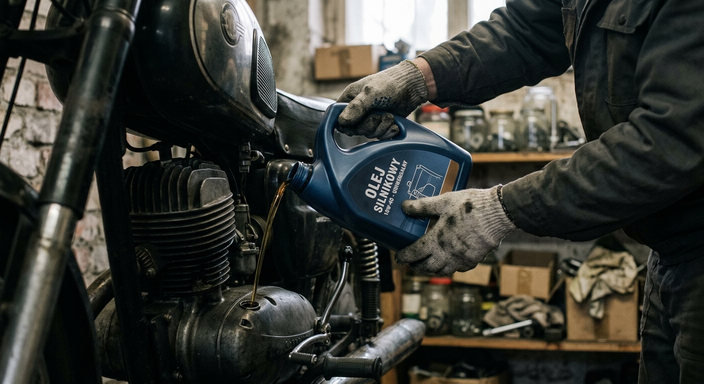 A close-up shot of a mechanic's hands working on a motorcycle engine, with tools visible in the background.