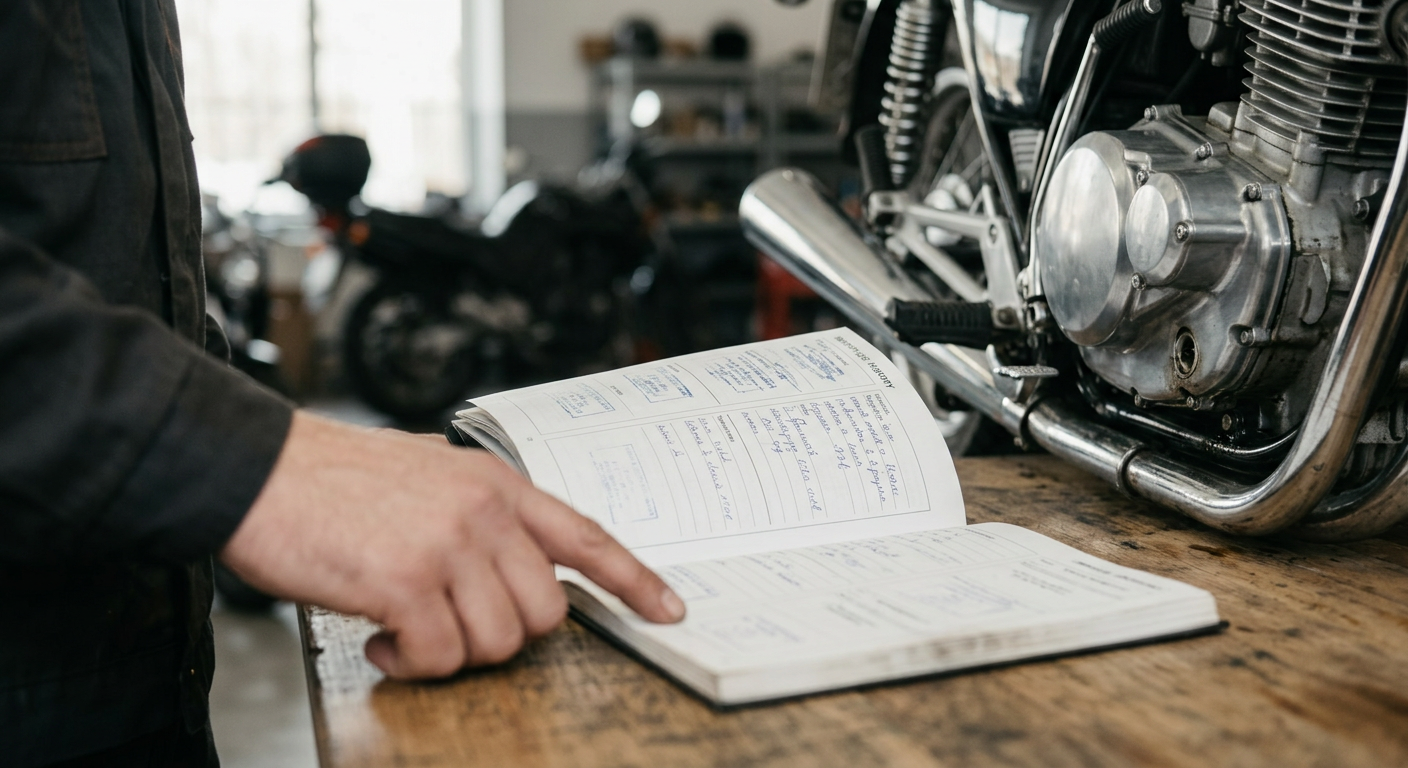 A close-up shot of a mechanic's hands working on a motorcycle engine, with tools visible in the background.