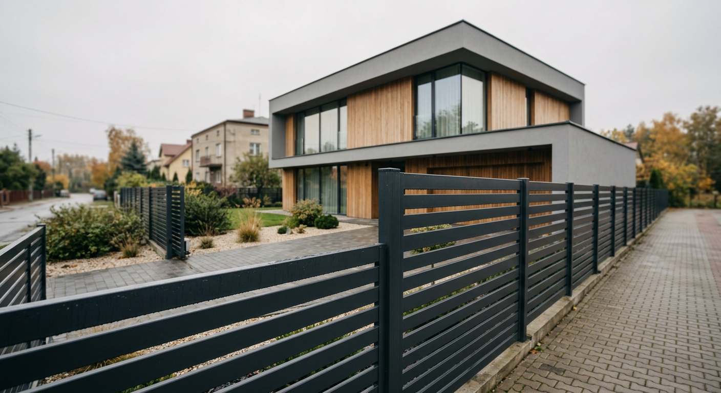 The image displays a&nbsp;modern house with a&nbsp;well-maintained garden, featuring a&nbsp;stylish fence that blends into the natural surroundings.