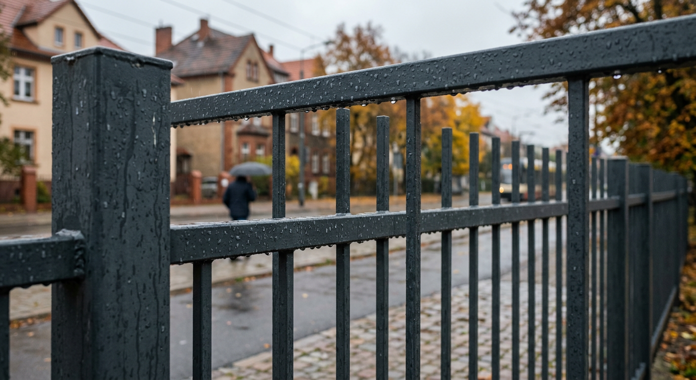 The image displays a&nbsp;modern house with a&nbsp;well-maintained garden, featuring a&nbsp;stylish fence that blends seamlessly with the surroundings, suggesting a&nbsp;suitable option for Polish conditions.