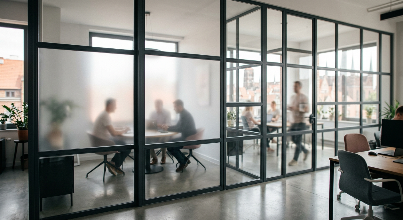 The image shows a modern office space with glass partitions creating individual workstations, suggesting a balance between open space and privacy.