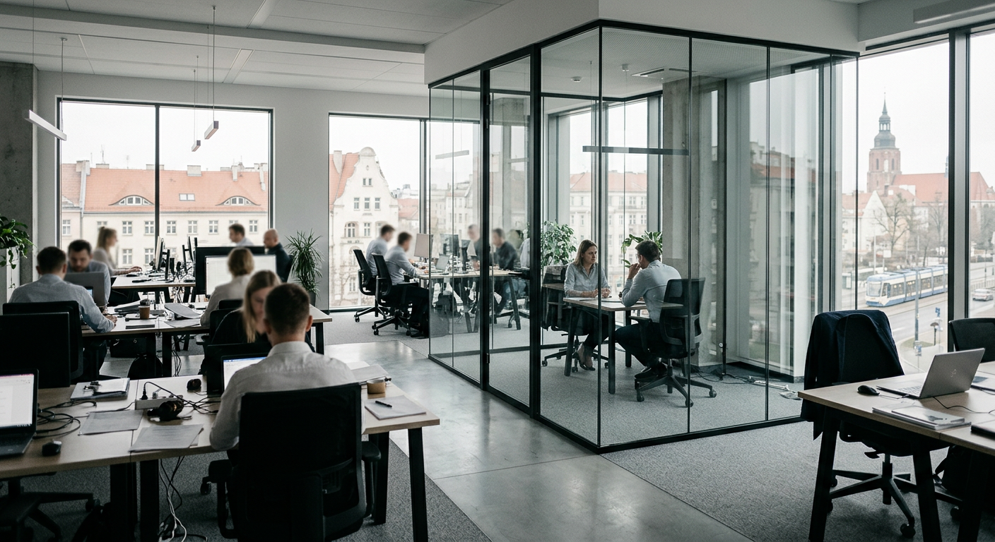 The image shows a modern office space with glass partition walls, creating a sense of both openness and defined areas for work.